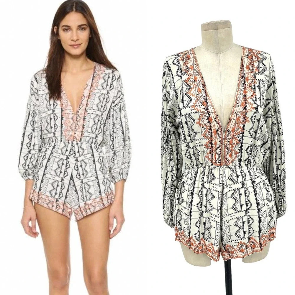 Cleobella Mischa Boho Henna Print Embroidered‎ Romper Cream Size Small